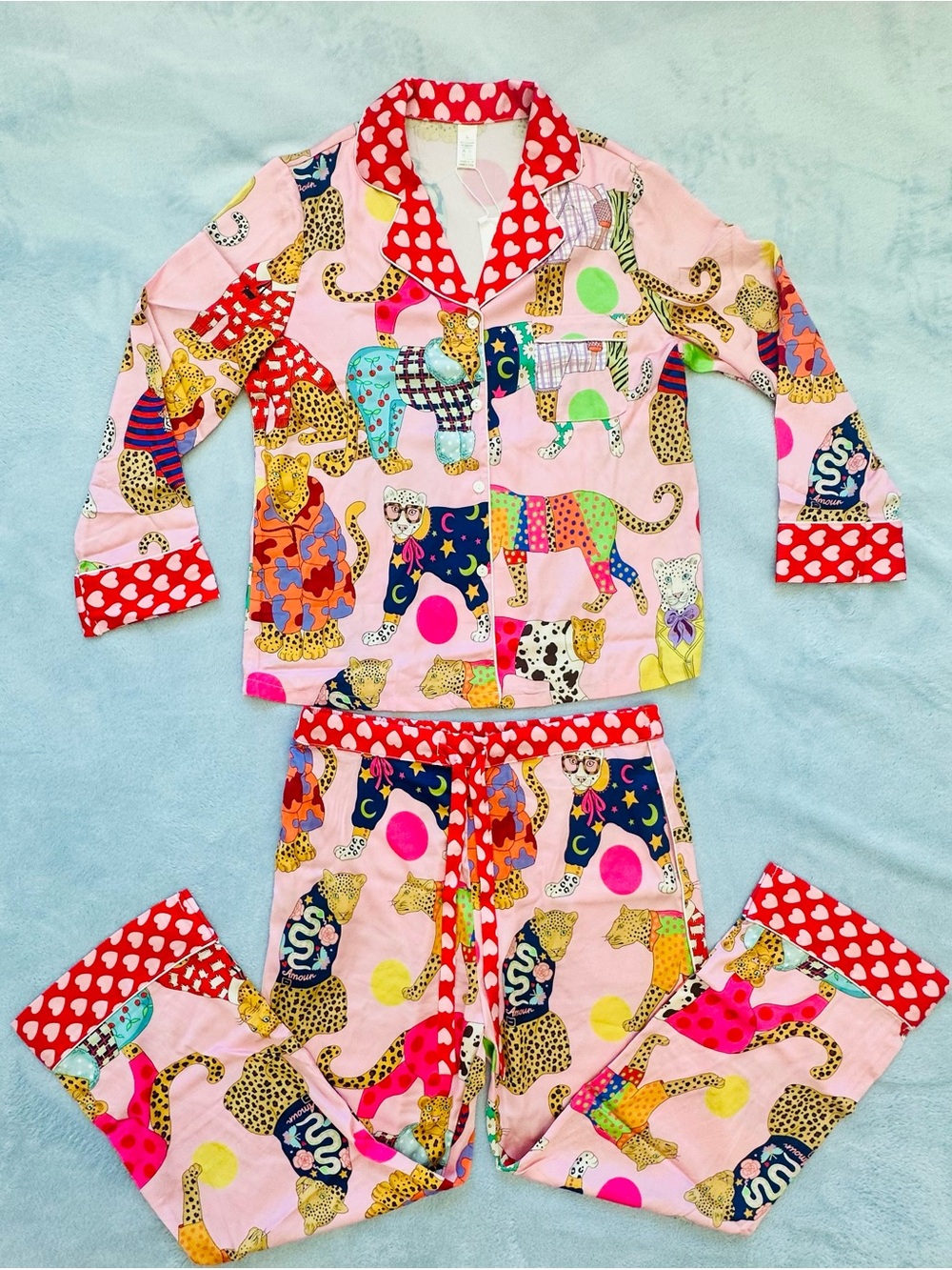 Women’s Pink Leopard Print Pajama Set with Red Heart Trim